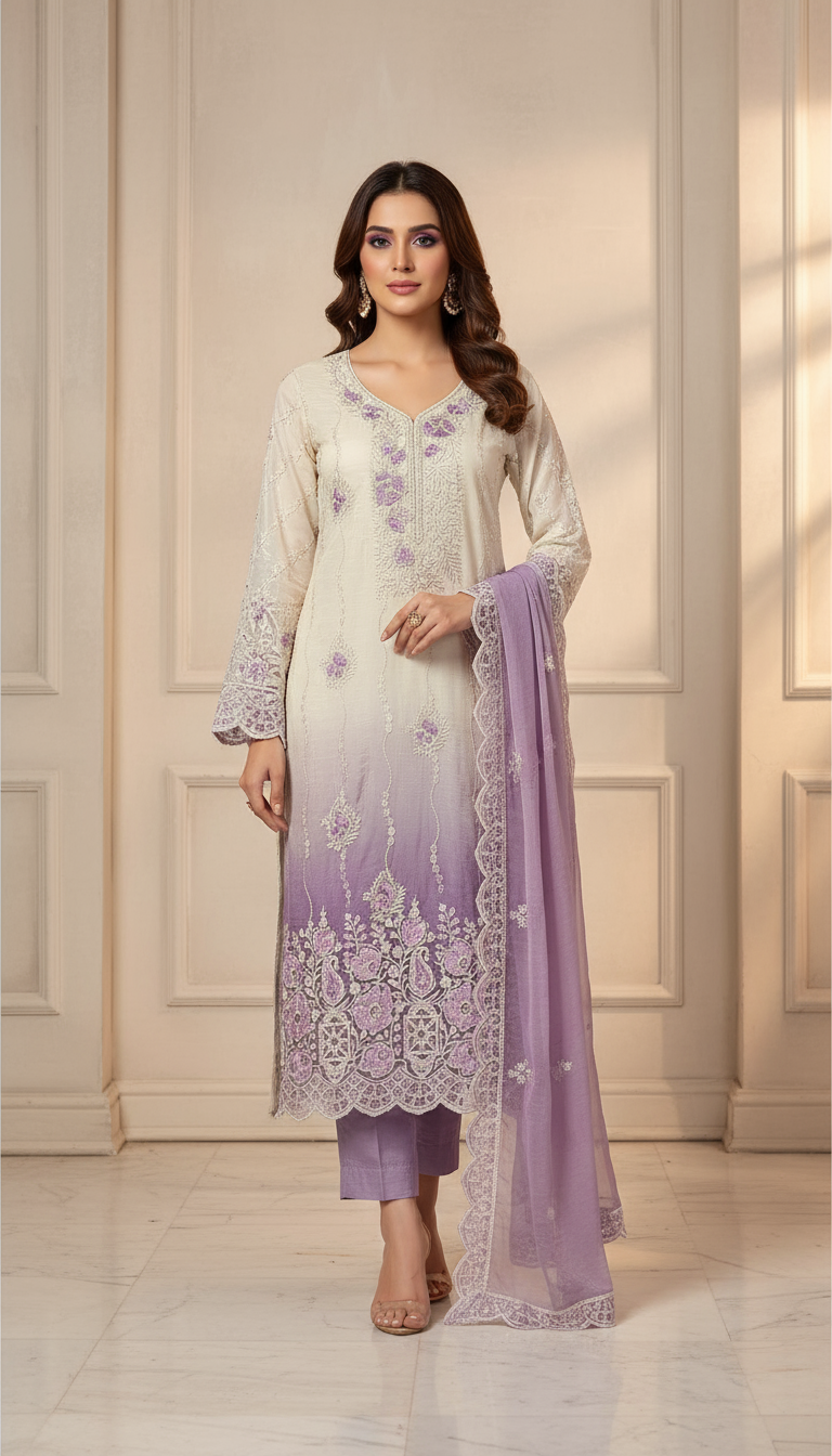 White and Lilac Ombre Embroidered Chiffon Suit with Cutwork Lace-Unstiched